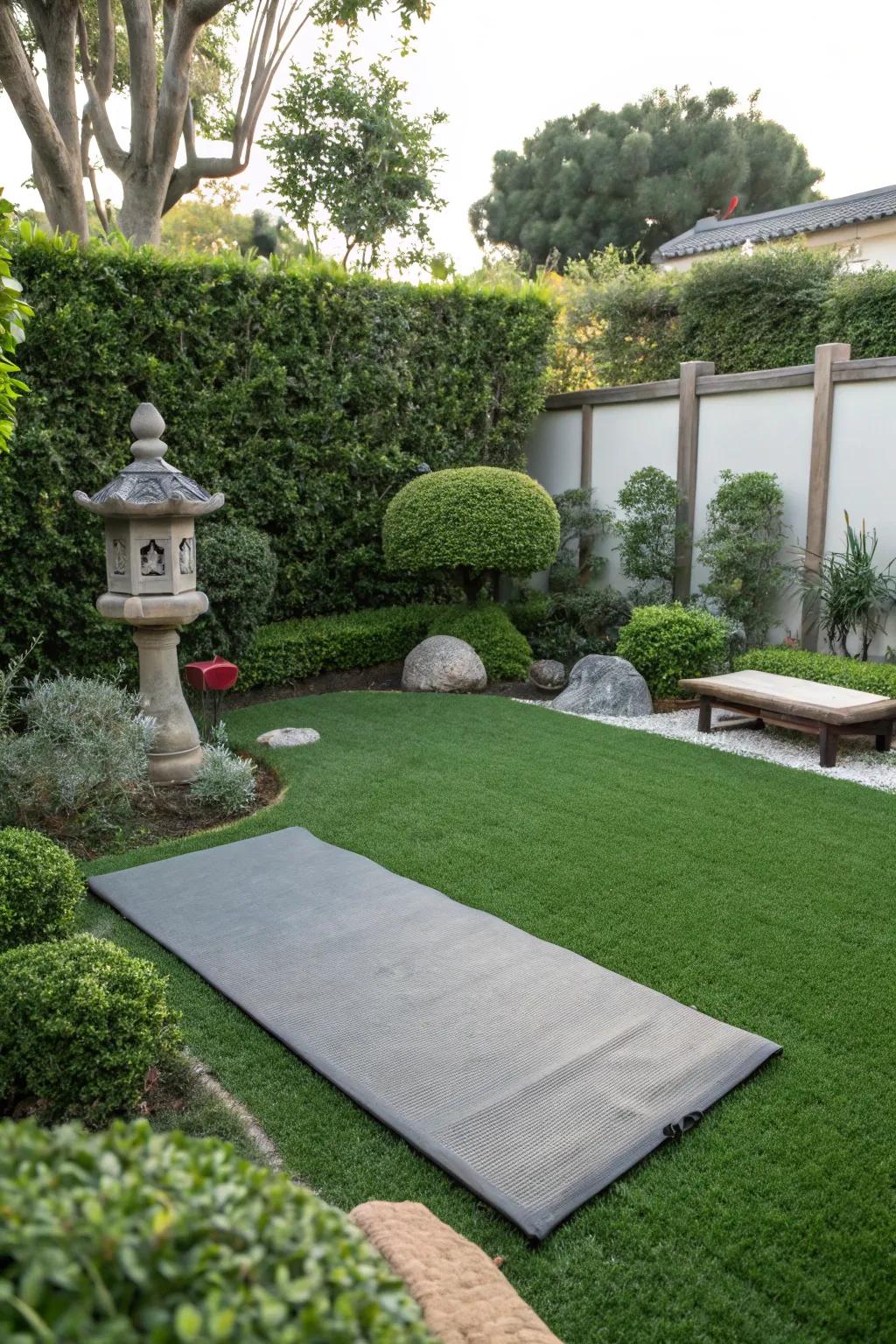 A serene meditation location incorporating artificial turf.