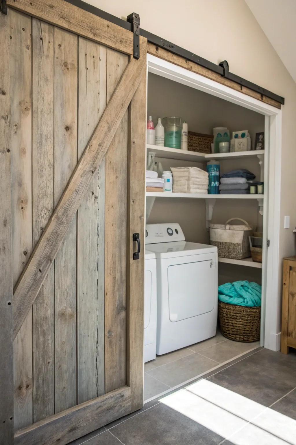 Practicality and rustic appeal are combined in a sliding barn door.