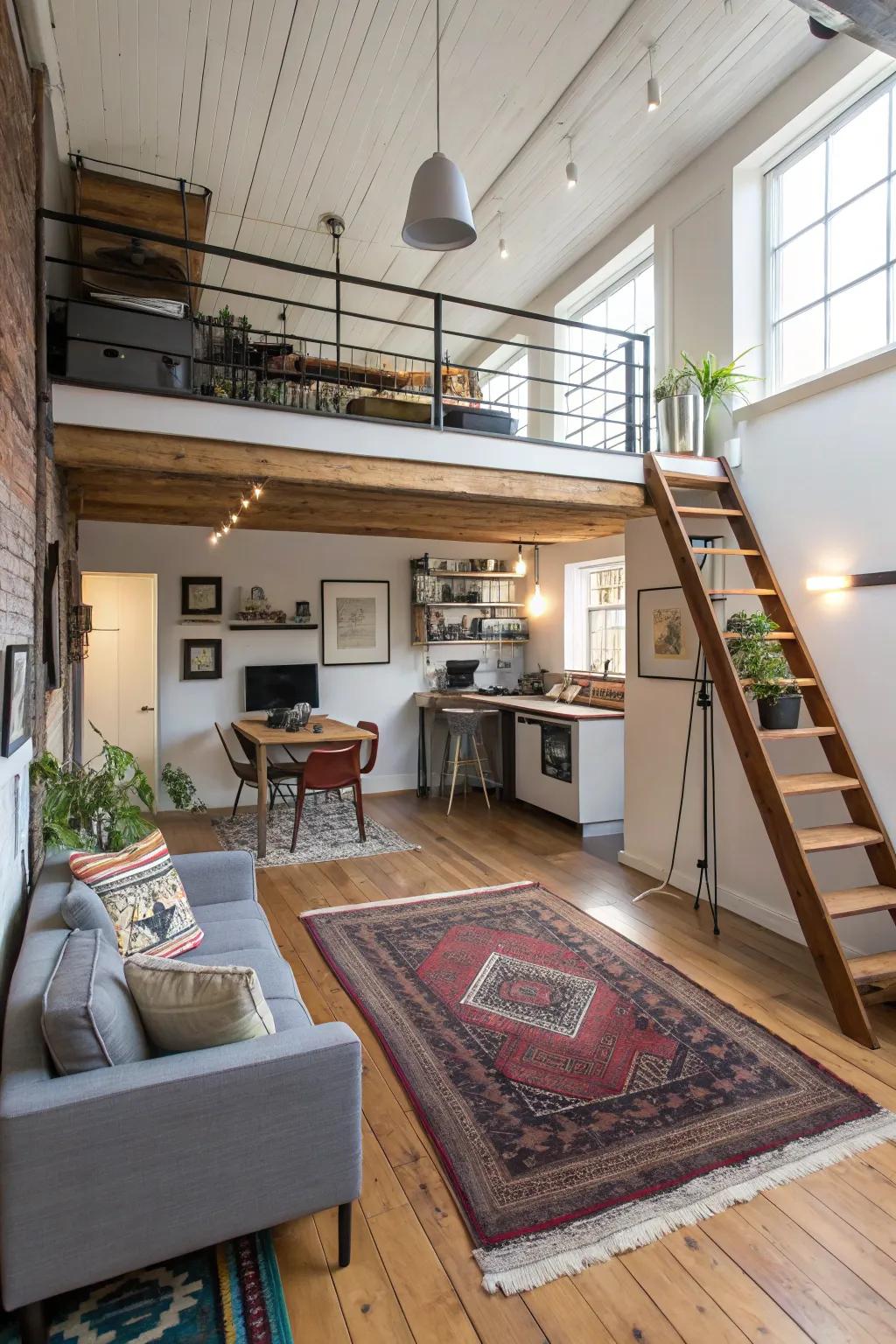 Rugs facilitate the definition and segregation of spaces within a compact loft.