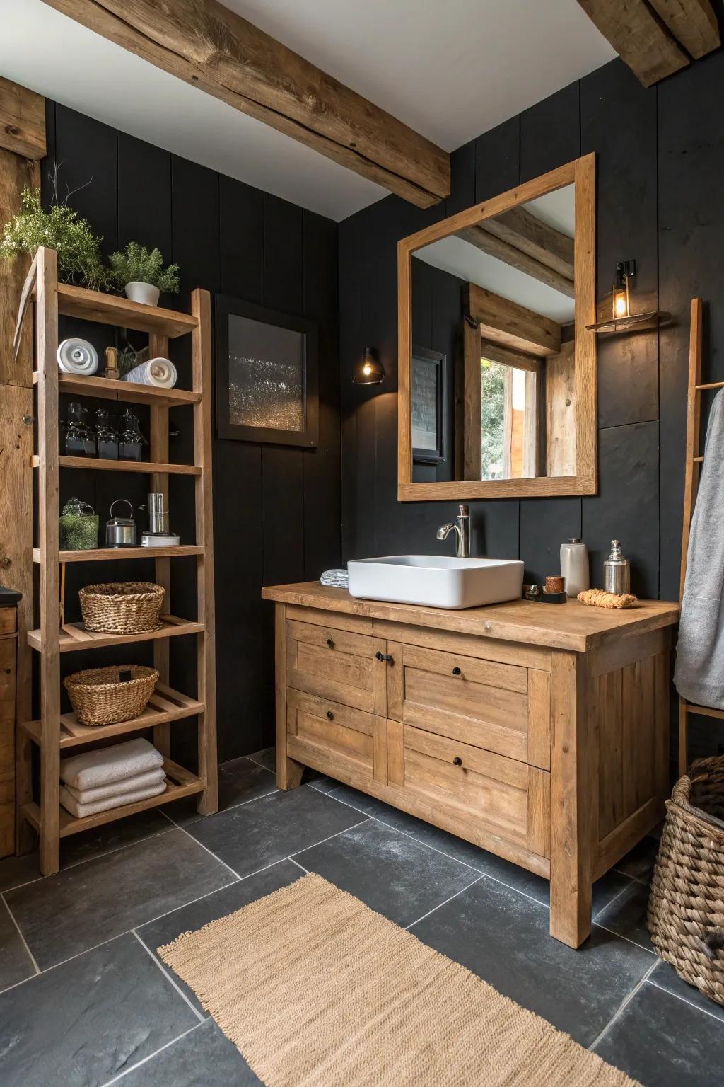Contrasting colors bring drama to a rustic bathroom.