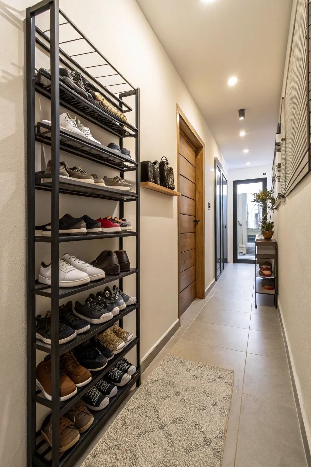 A footwear rack can keep your slender passageway organized and free of clutter.