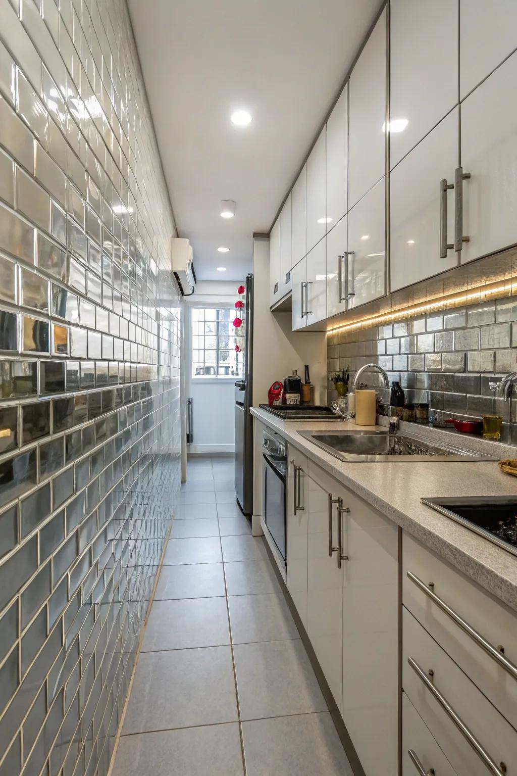 A shiny backsplash injects depth and brightness into this cooking space.