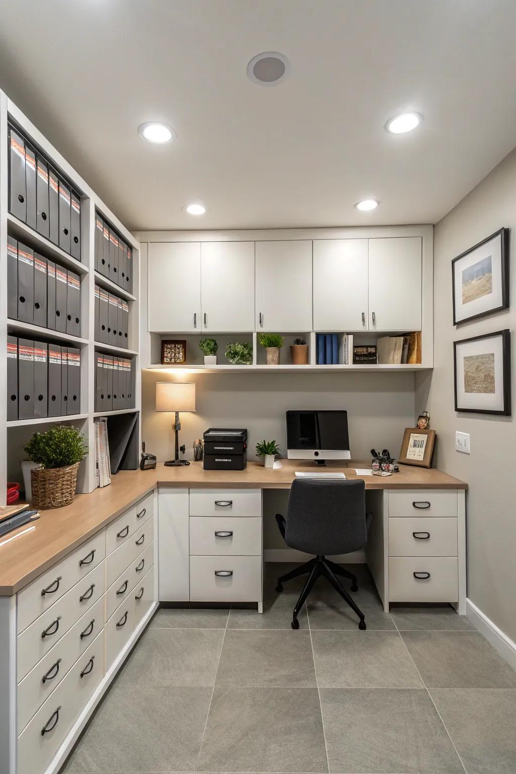 Symmetrical layouts provide a feeling of equilibrium and calm in compact workspaces.