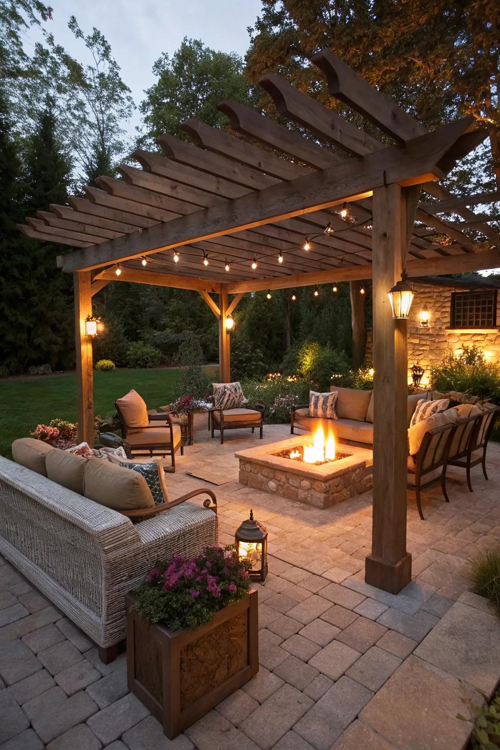 A blazing pit beneath a canopy establishes a snug assembly point on a modest patio.