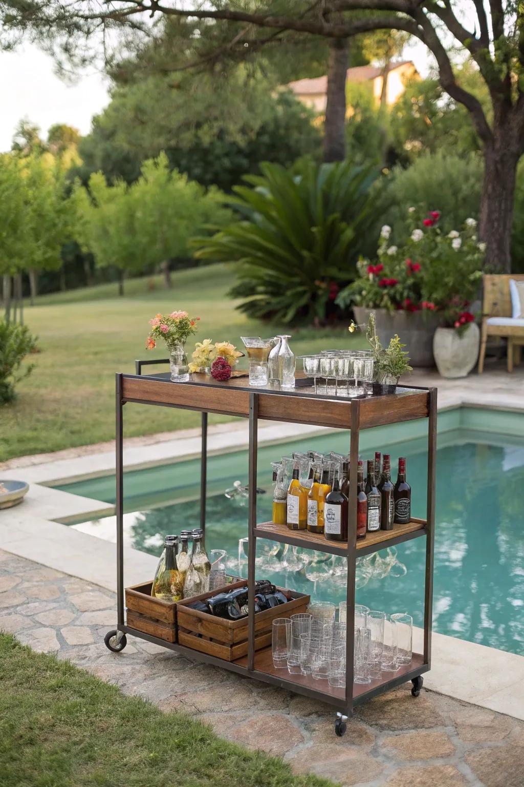 A portable bar cart provides versatility and convenience for poolside fun.