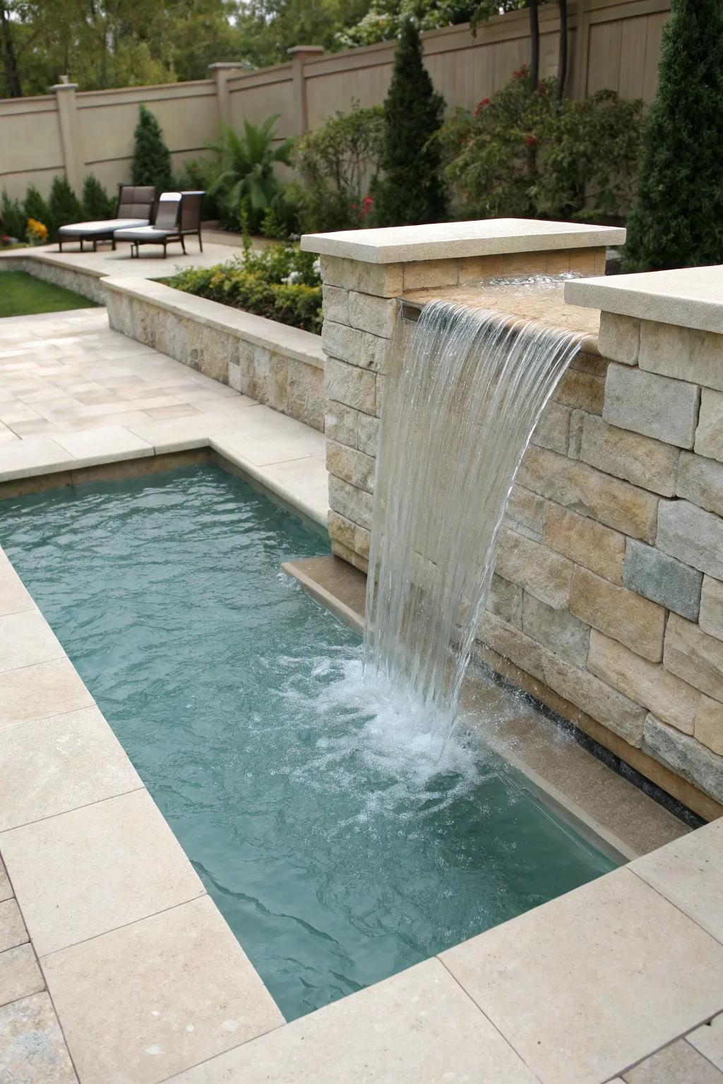 Sheer descent waterfalls add a sleek and modern touch to pools.