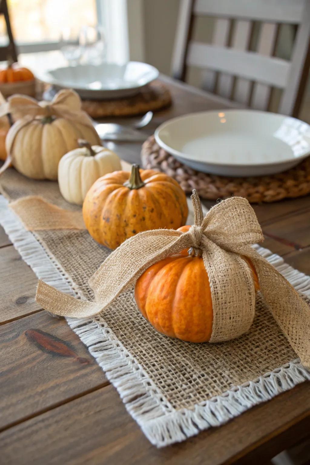 Burlap ribbons gives pumpkins an appeal reminiscent of a rustic farmhouse.