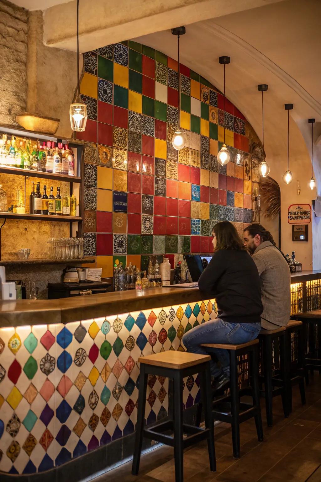 A vibrant back panel adds energy and flair, improving the aesthetics of a small restaurant bar.