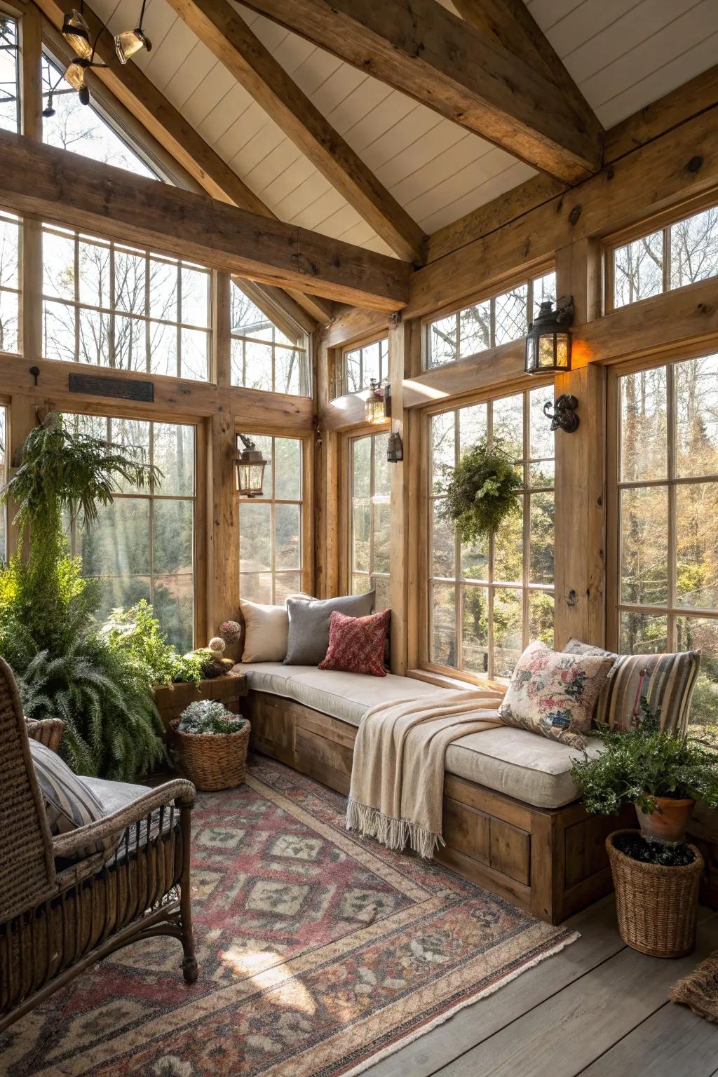A cozy sitting space provides an ideal place for relaxation in this country-style sunroom.