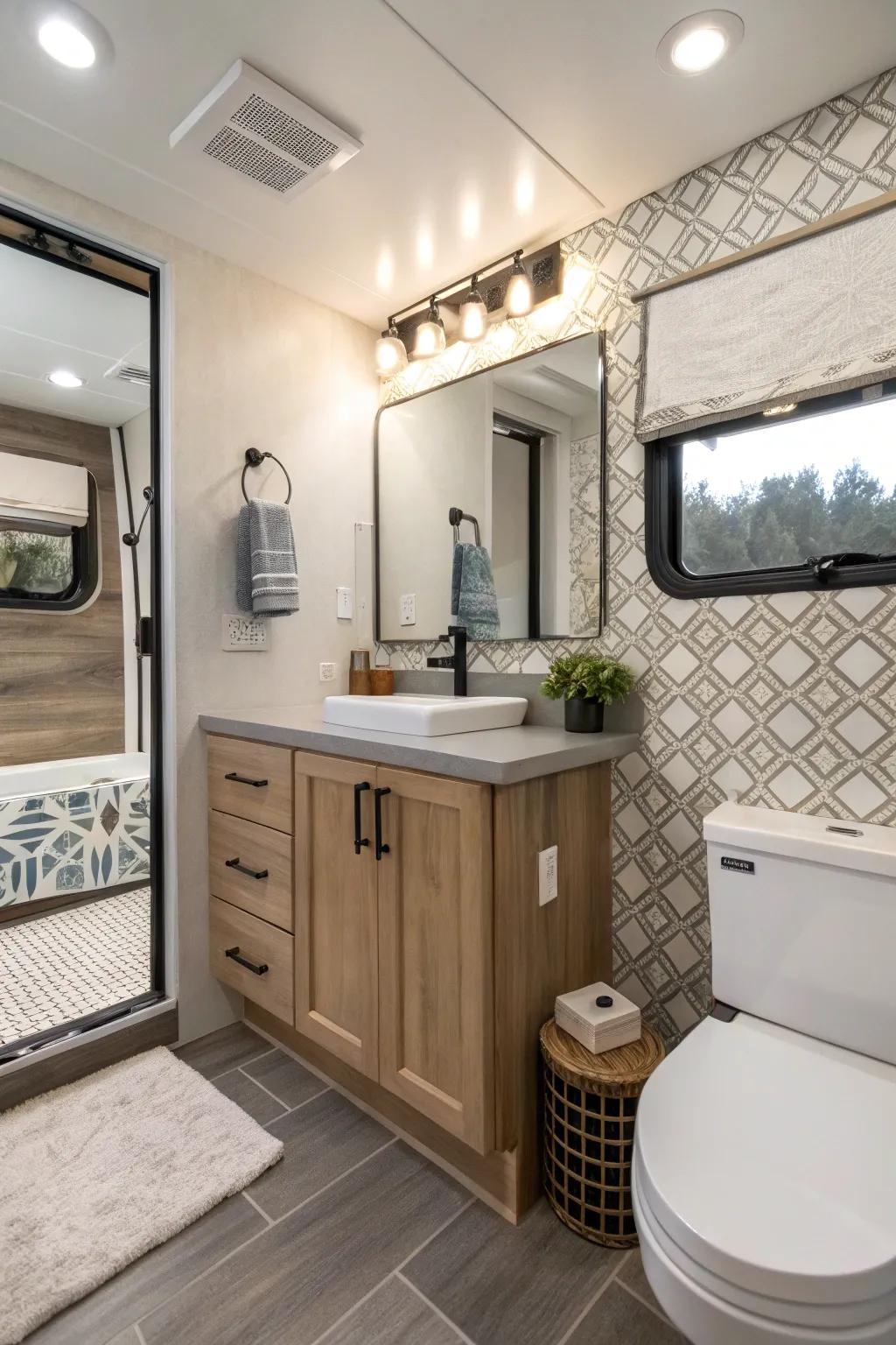 Adhesive tiles offer style and easy installation.