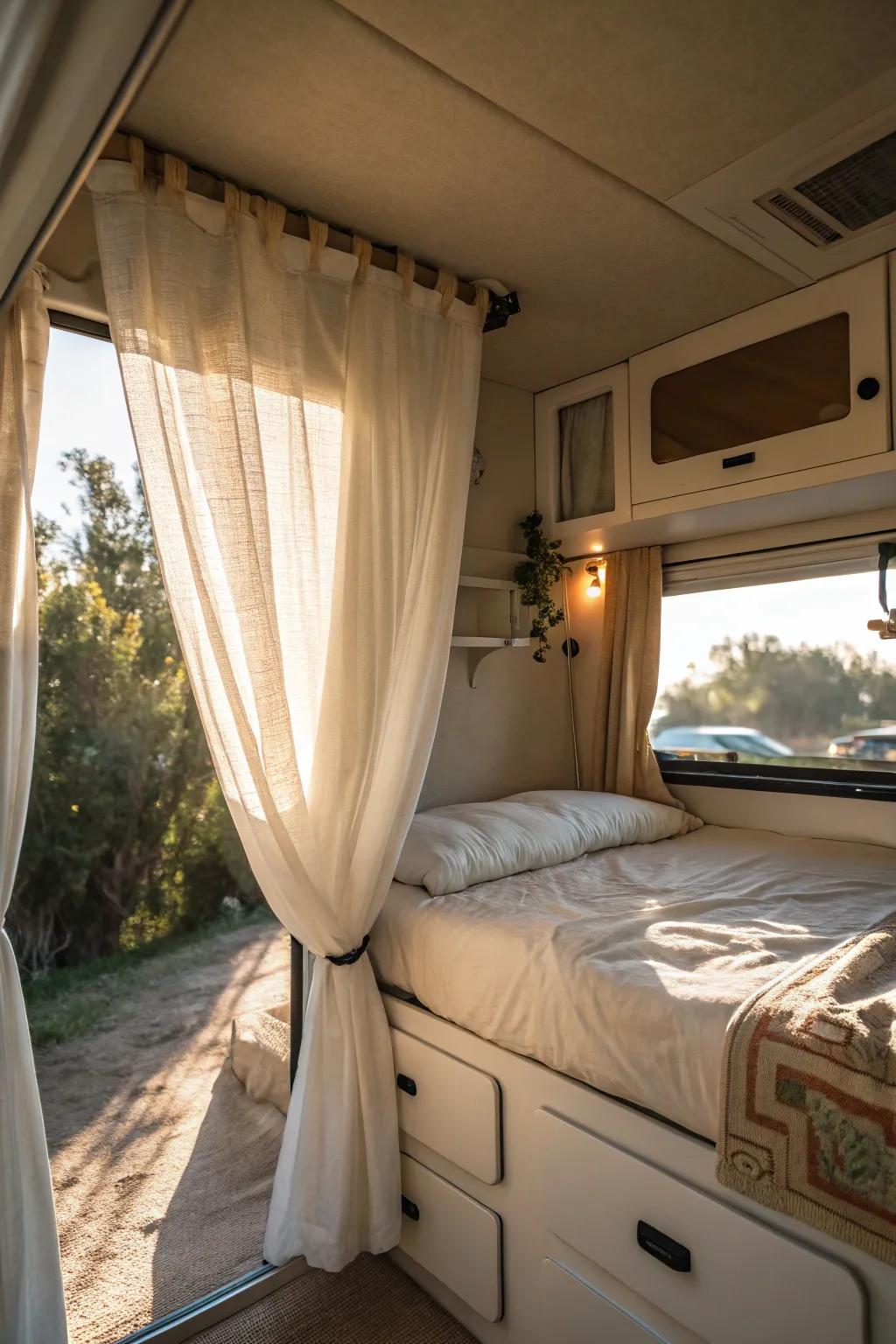 Light window coverings provide privacy while letting in natural light.