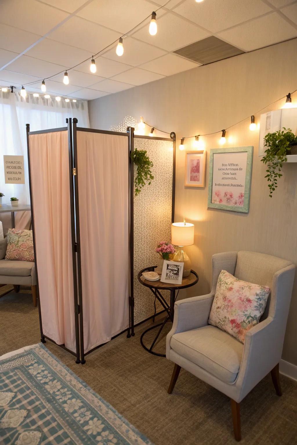 Movable privacy screens for malleable salon configurations.
