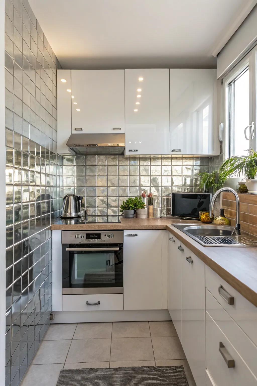 Reflecting tiles give a small kitchen a more expansive appearance.