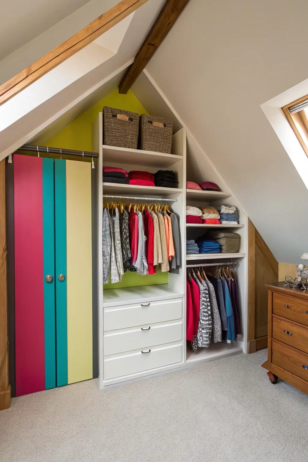 Bold colors can turn an attic closet into an energetic space.