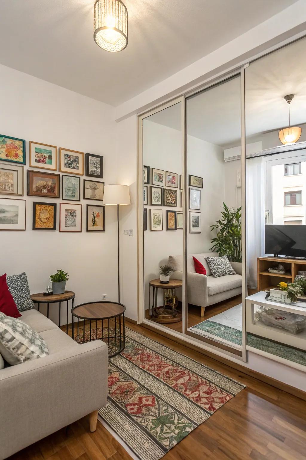 Mirrors and wall art make the space feel bigger.