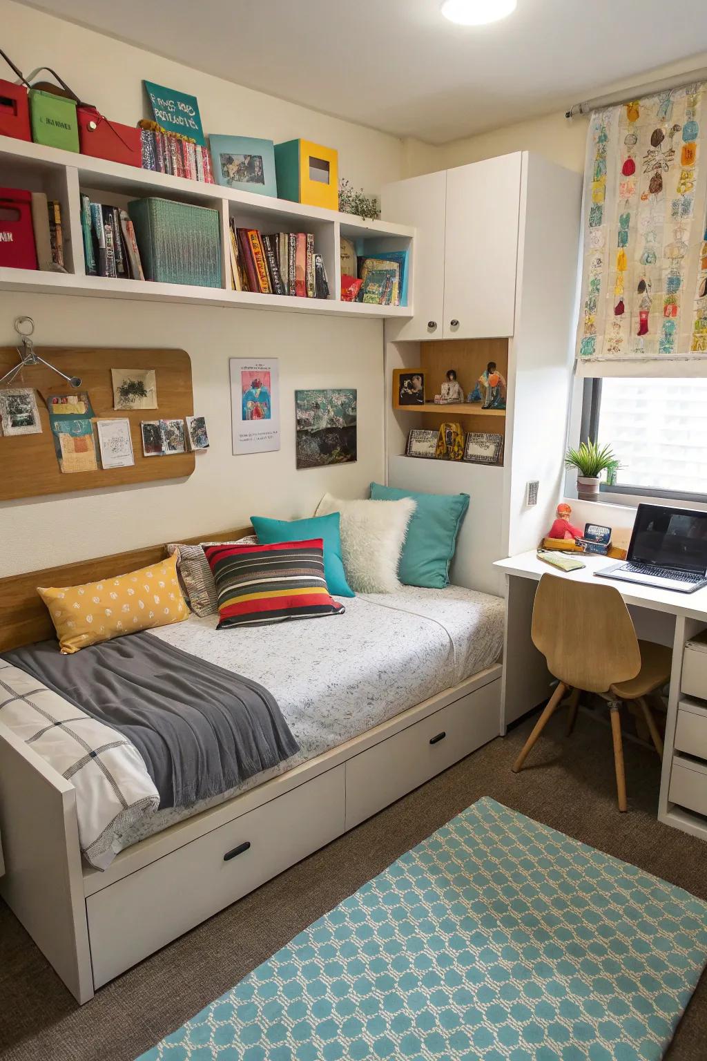 Distinct activity areas maintain the organization and functionality of the space.