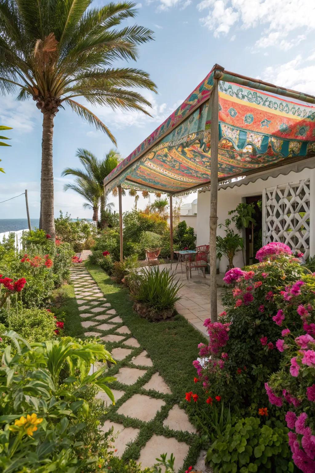 A radiant awning infuses refuge and a tropical note to the garden.