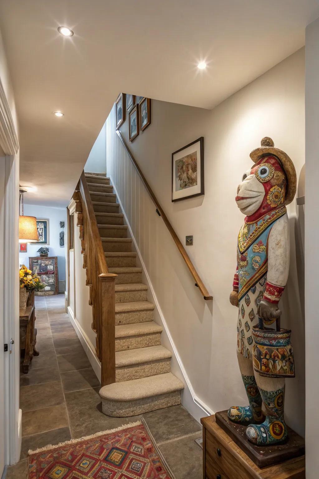 A playful decor piece adds a delightful touch to your landing.