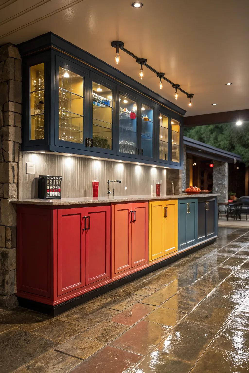 Bright-hued cabinetry adding vitality to a small wet bar.