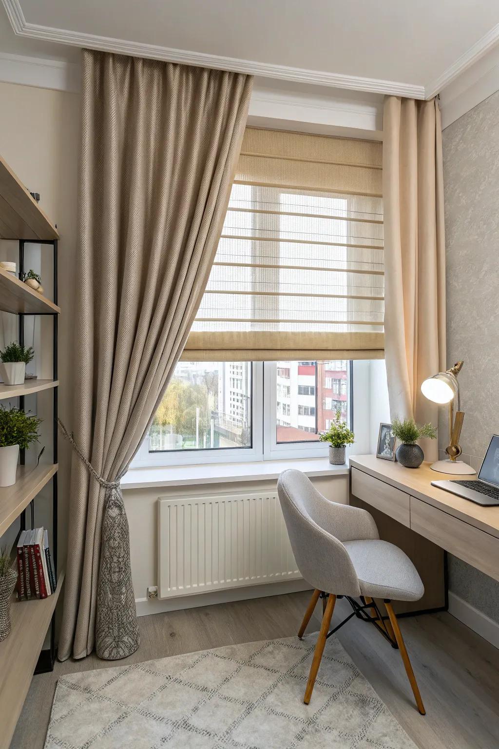 Blinds and curtains together offer functionality and style for small windows.