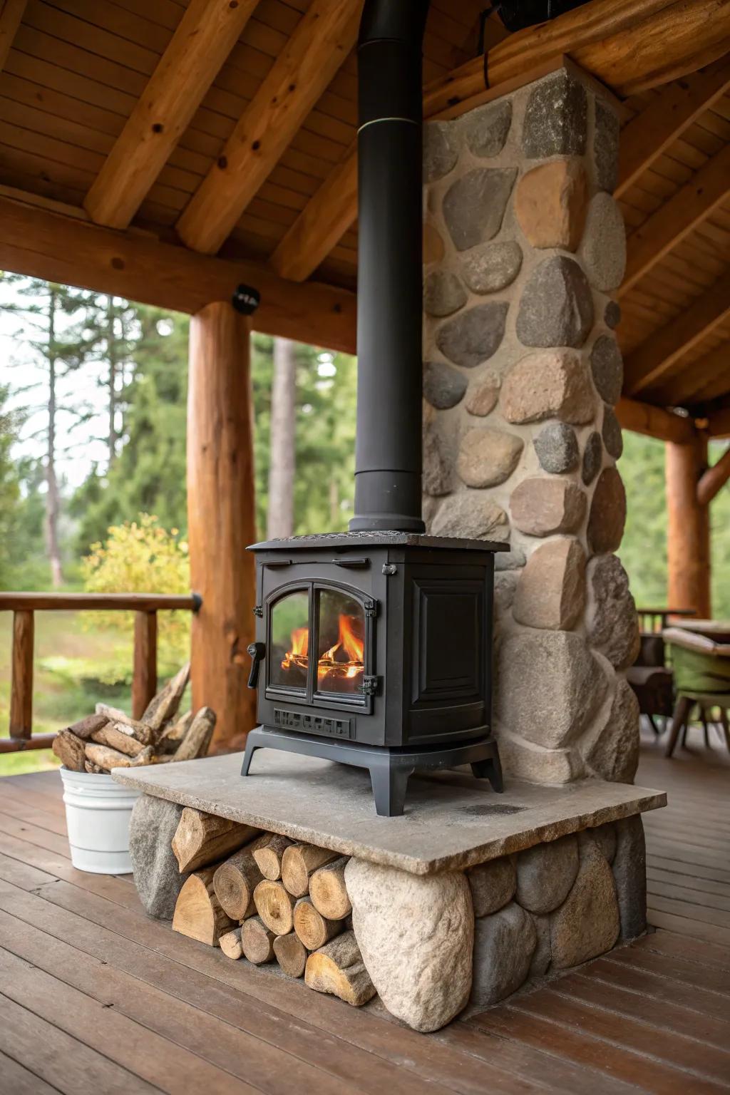 Natural stone features bring an outdoor essence to an interior furnace setting.