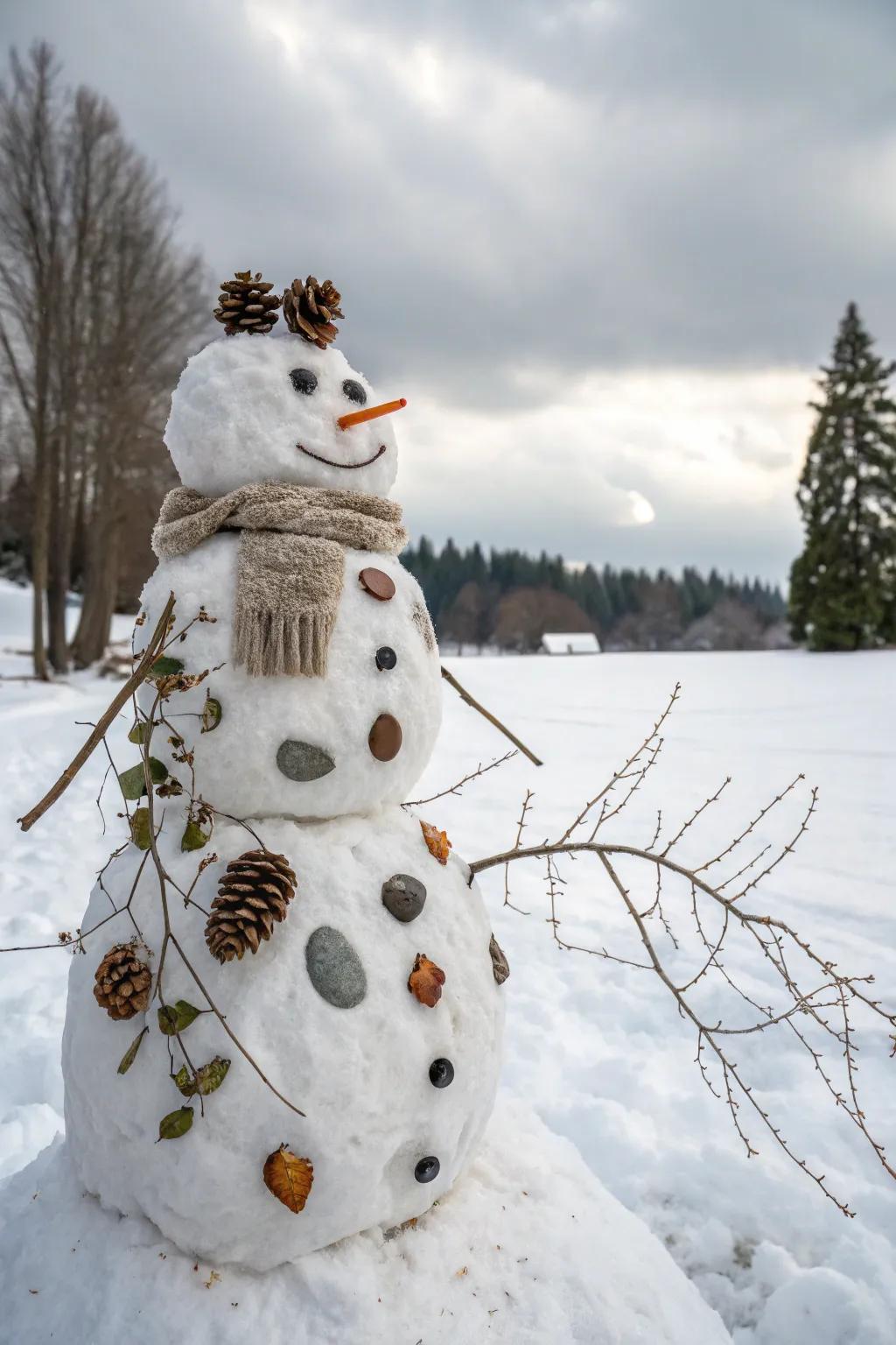 An ecologically-sound snowman embellished with natural elements.