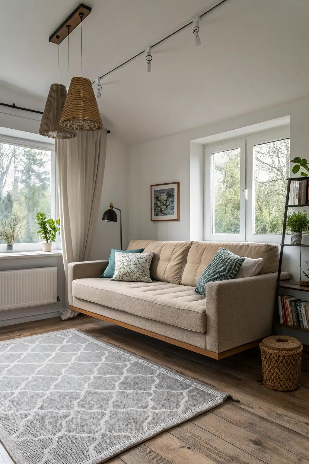 A floating sofa with visible legs gives the illusion of more space.