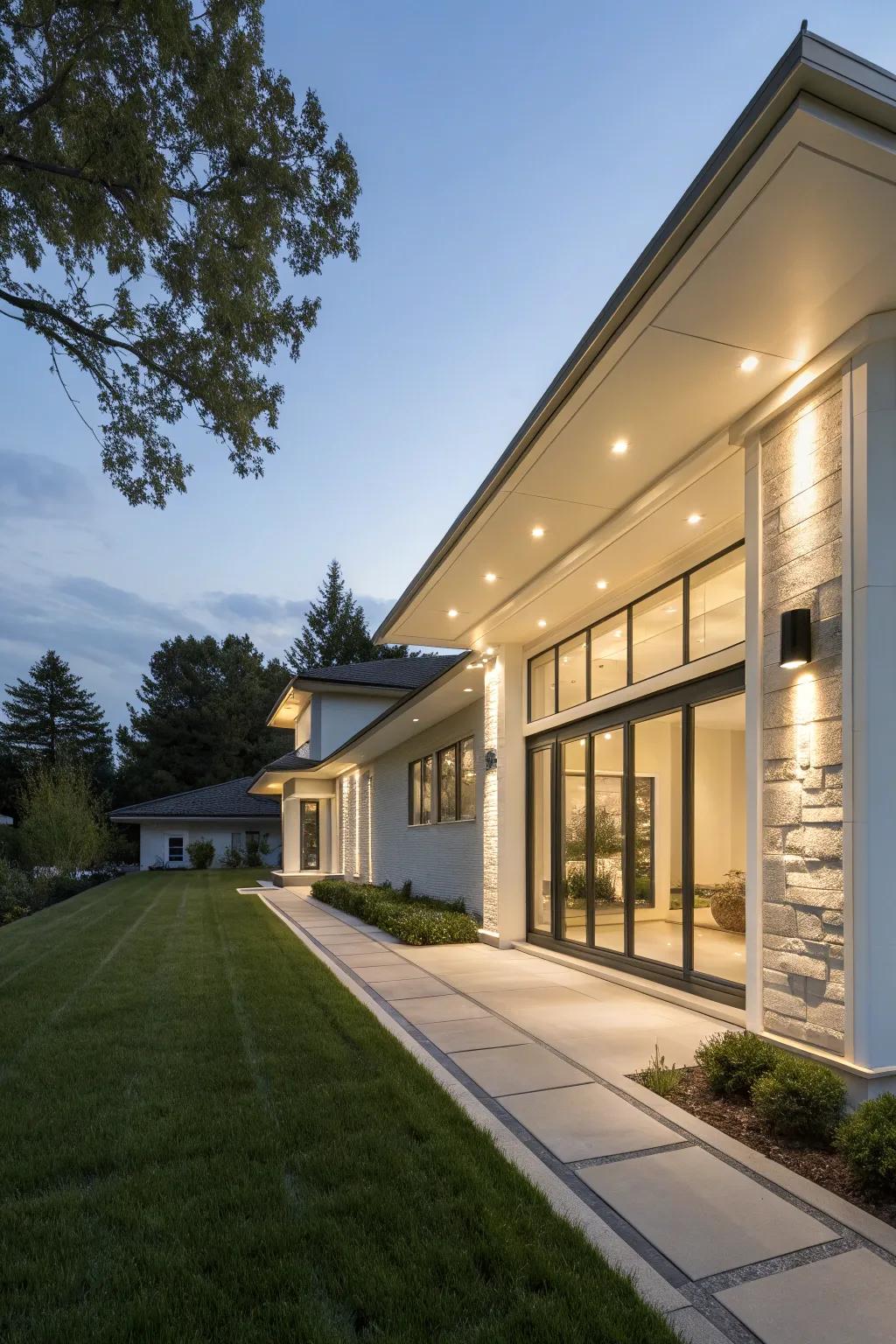 Cool white soffit lighting adds a contemporary touch to modern homes.