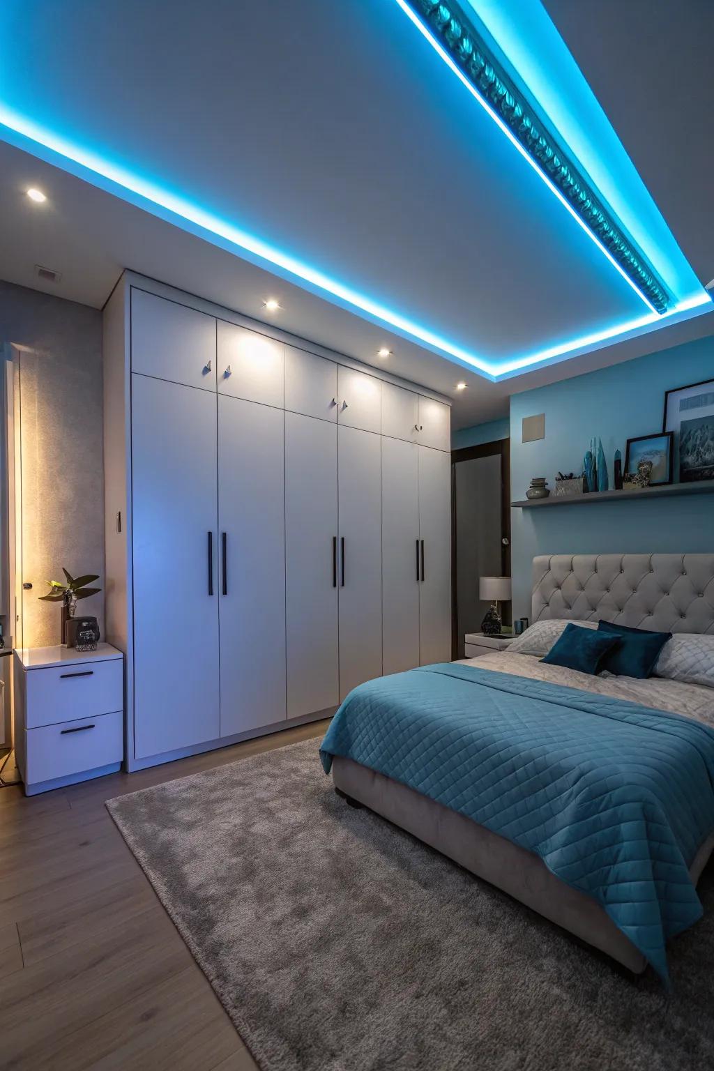 LED strip lighting enhances the futuristic sense of a space-themed room.