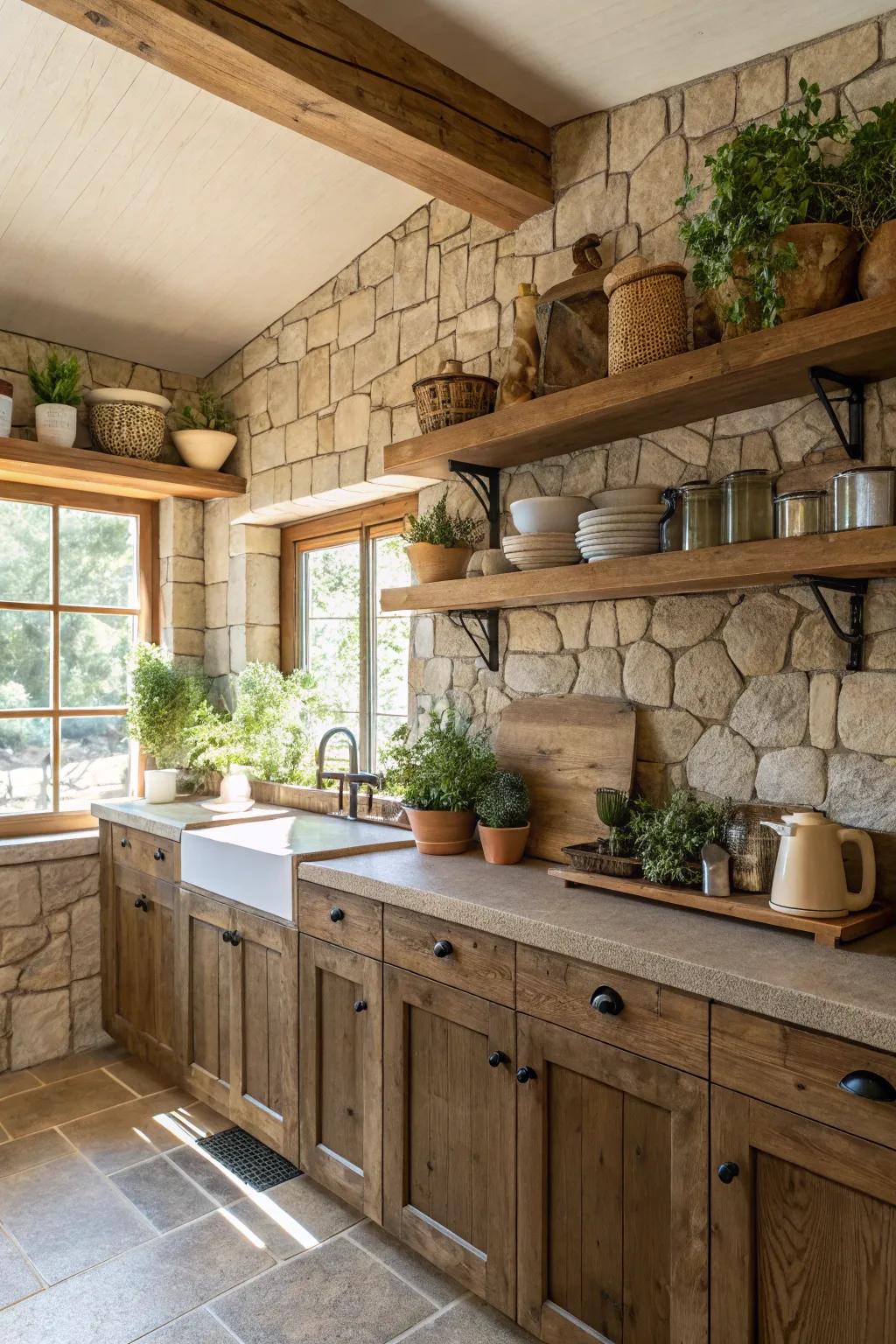 Stone and wood pieces create a natural, earthy kitchen vibe.