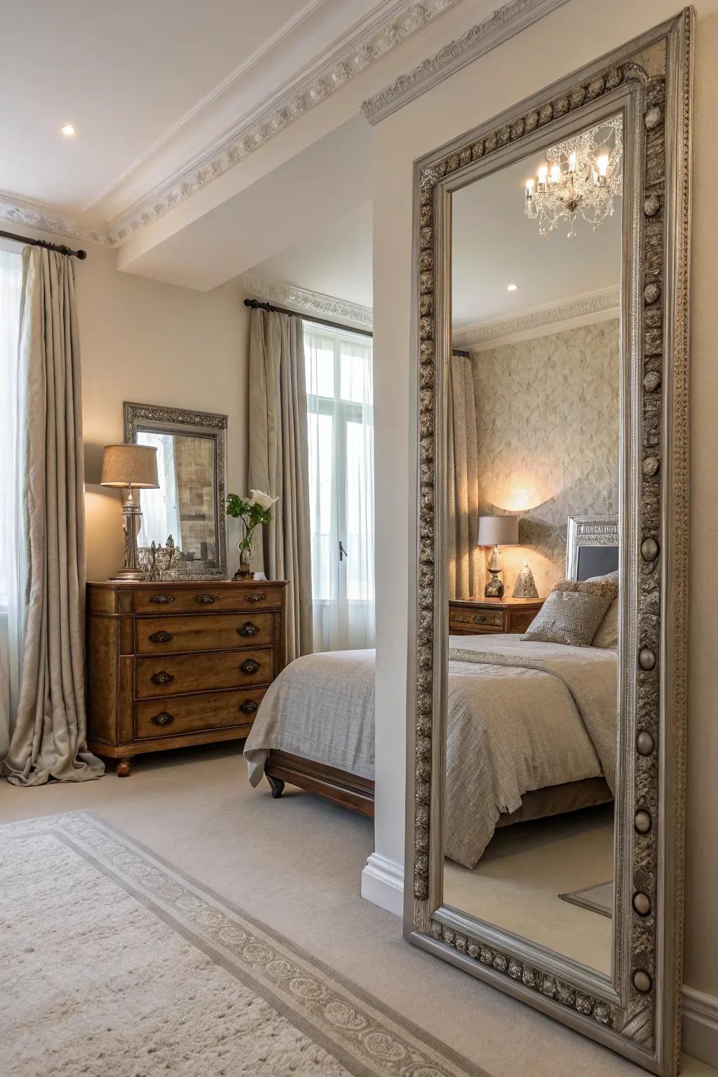 Mirrors enhance light and space, adding depth to small bedrooms.