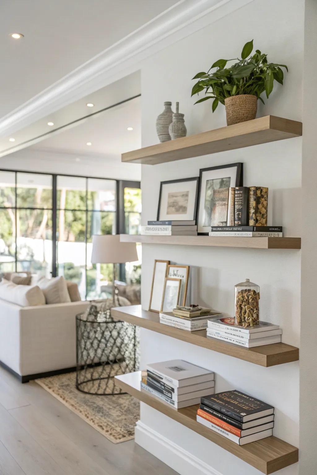 Floating shelves add style without taking up floor space.