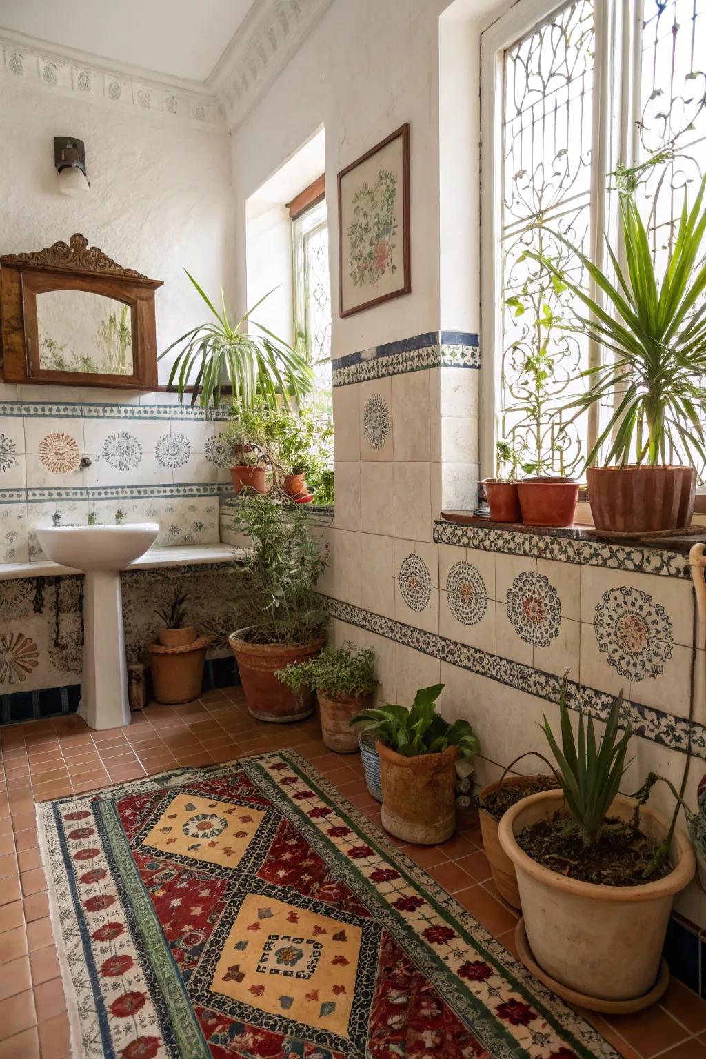 Greenery breathes life into a warm Spanish-style bathroom.