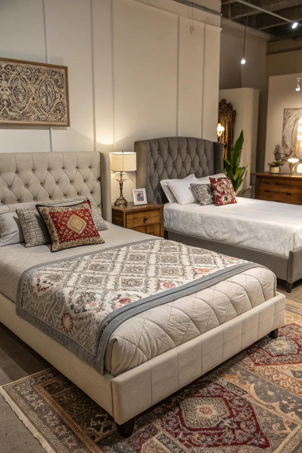 Different bed designs creating distinct personal spaces.