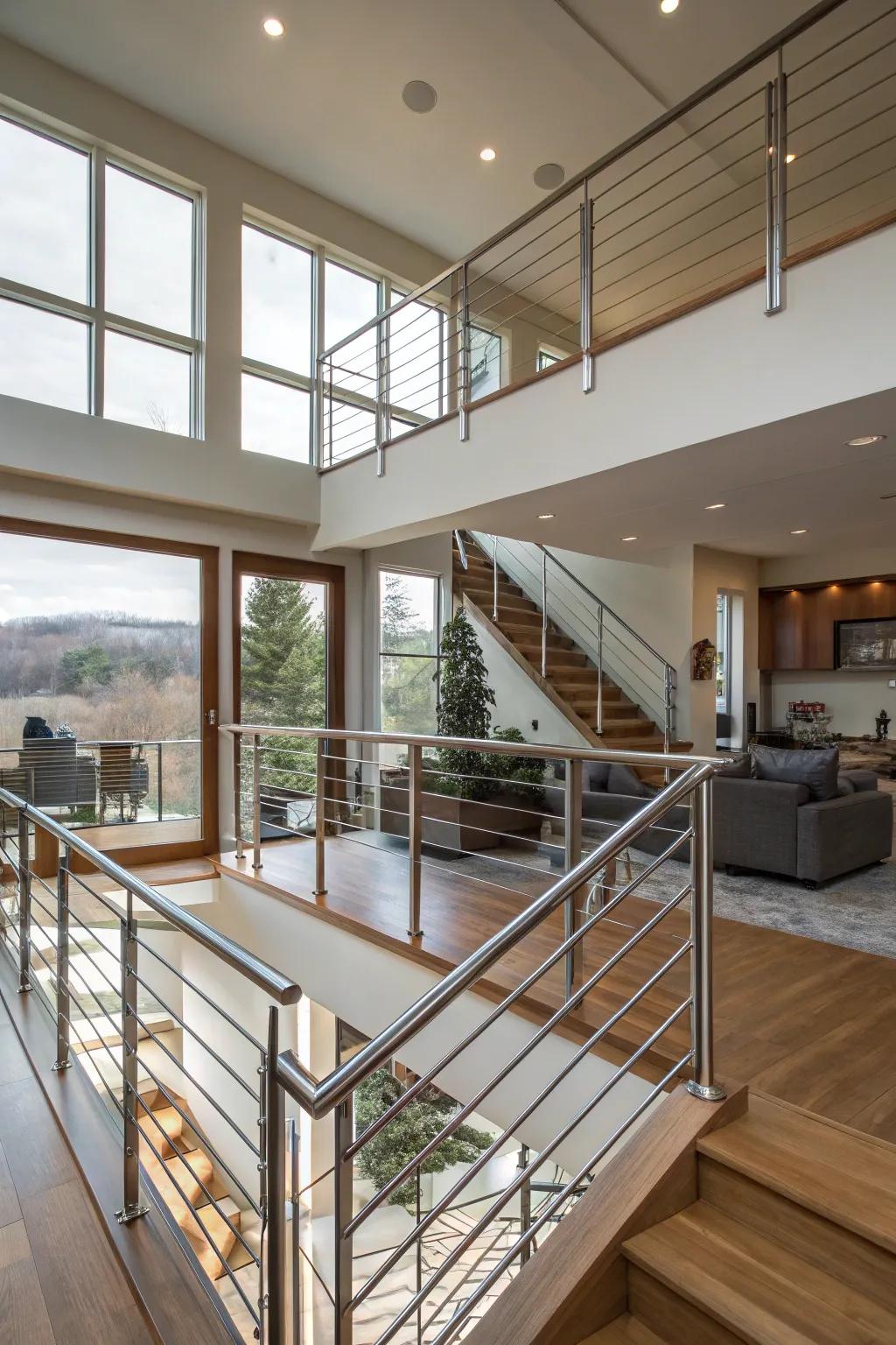 Modern stainless steel railings adding refinement to a split-level residence.