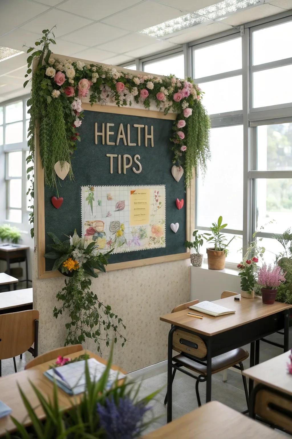 A health-focused notice board with tips and floral ornaments that promote self-care.