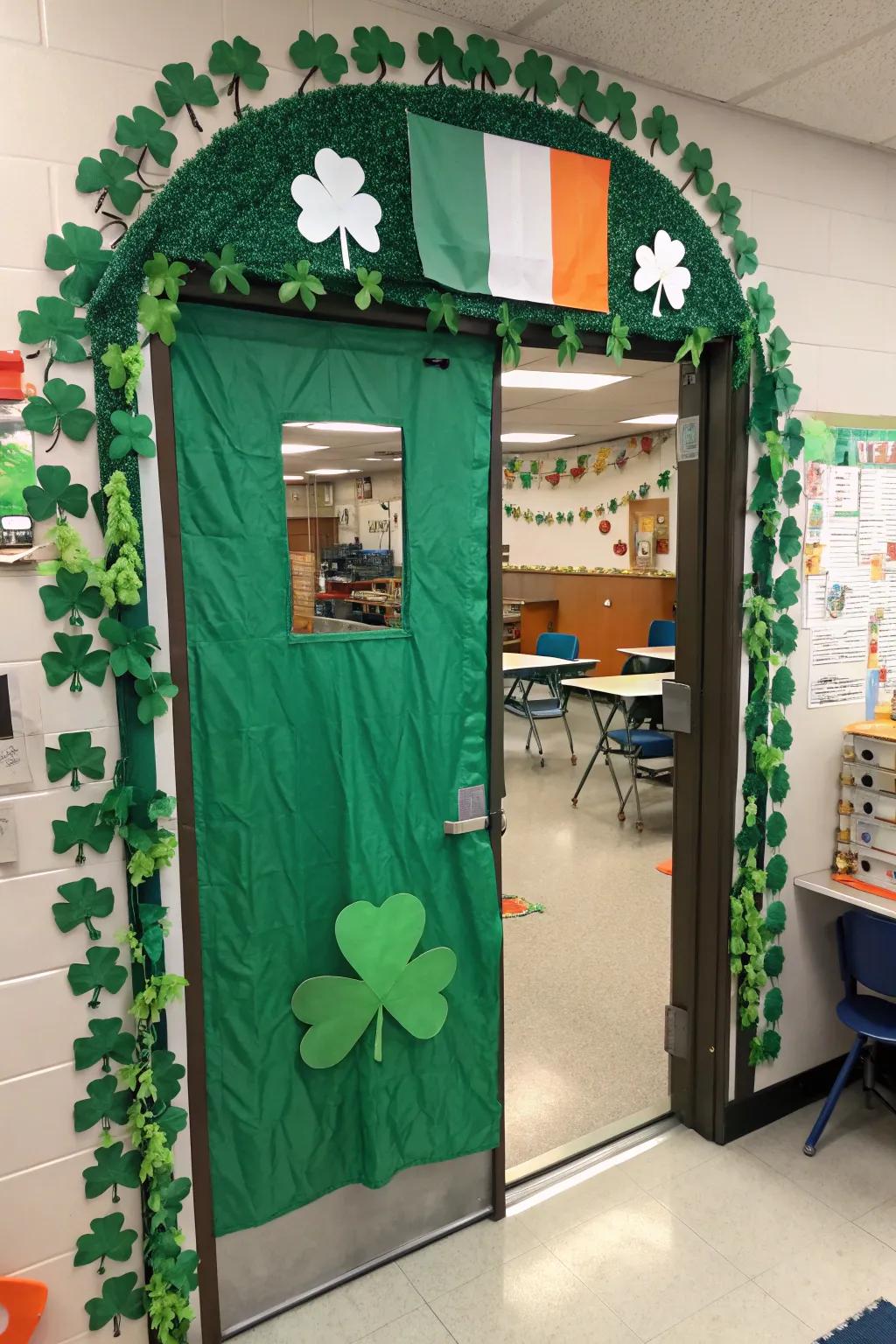 A classroom door transformed into a portal to the Emerald Isle with lush green scenery.