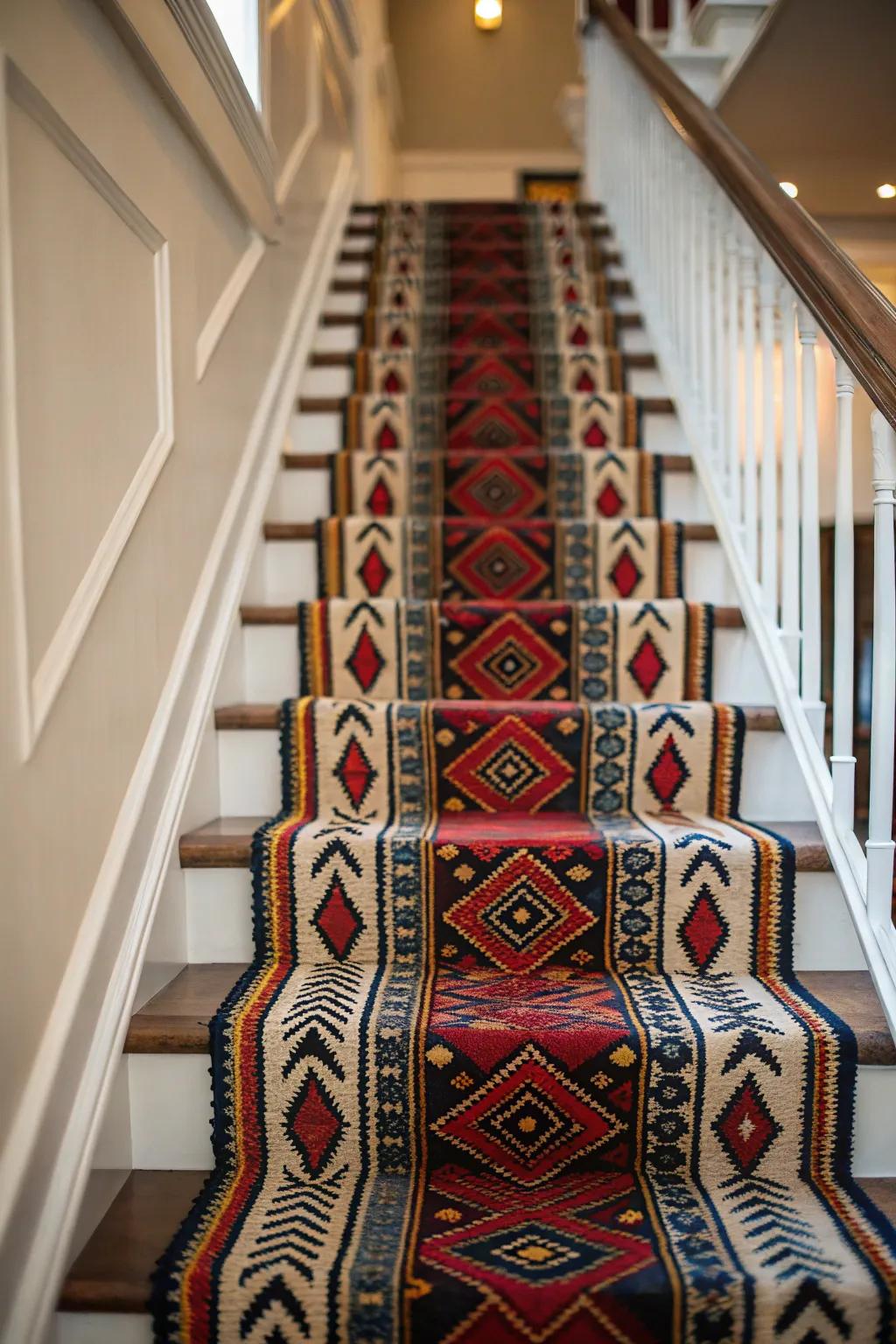 Vivid patterns make the staircase a striking focal point.