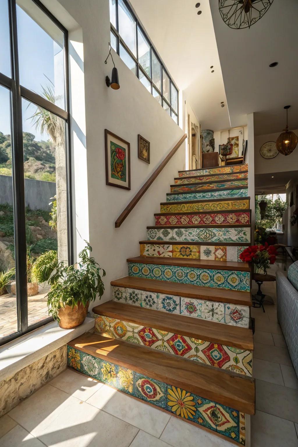Tiled risers scatter artistic tones and patterns across this staircase.