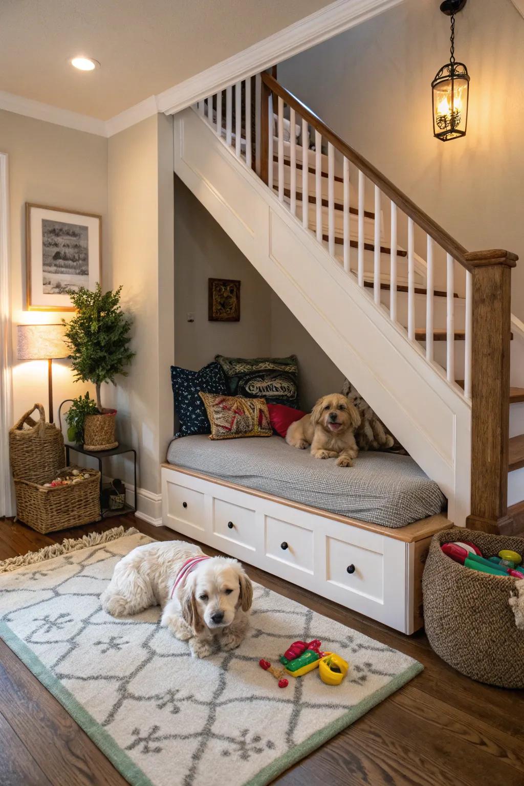 Spoil your pets using their own special space beneath the stairwell.