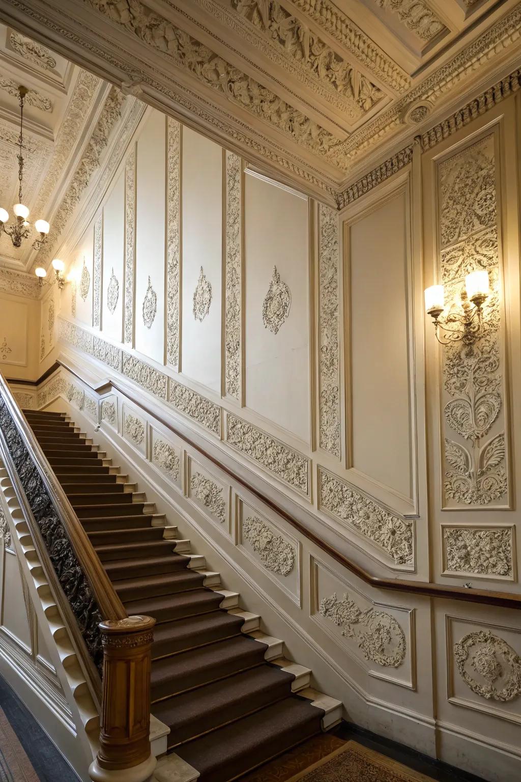 Structural wall detailing bestows a hint of ageless refinement to stairwell walls.