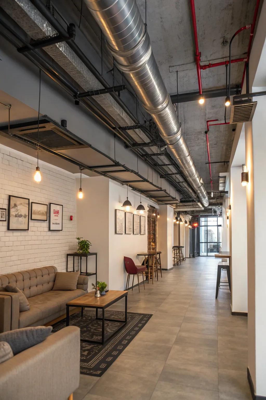Exposed pipelines add to the industrial charm within a steampunk space.