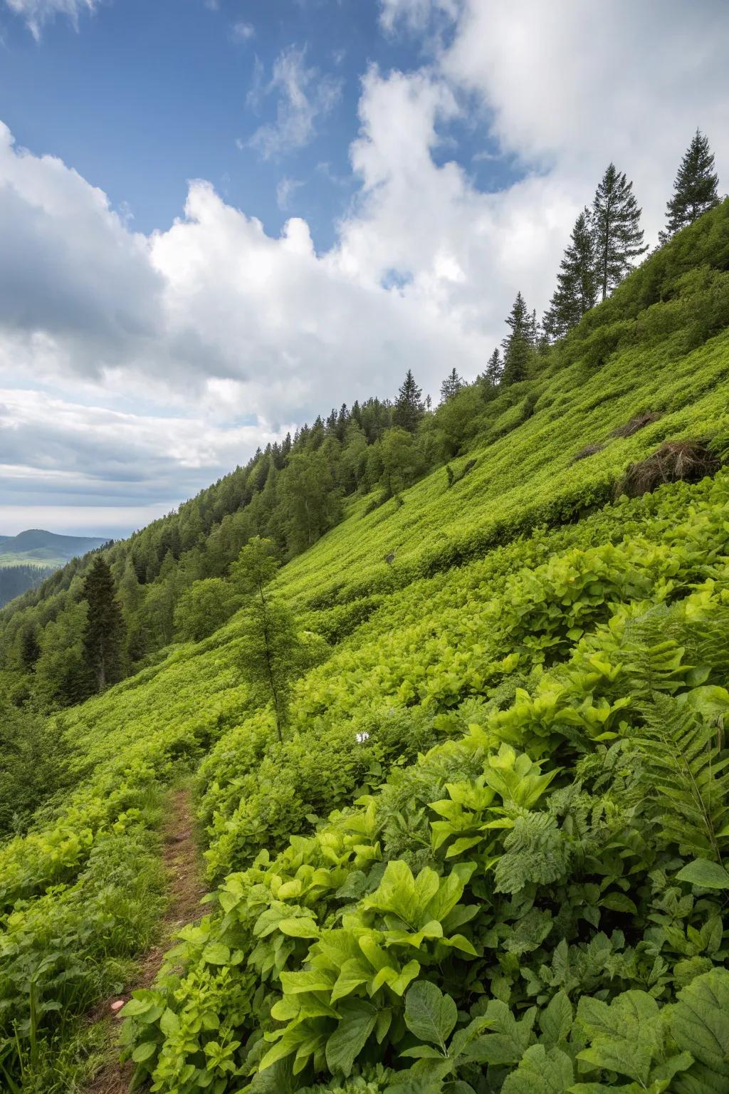Ground cover plants provide stability and lush greenery.