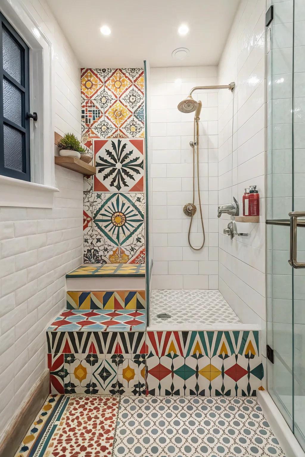 Sunken shower showcasing daring and artistic pattern tiles.