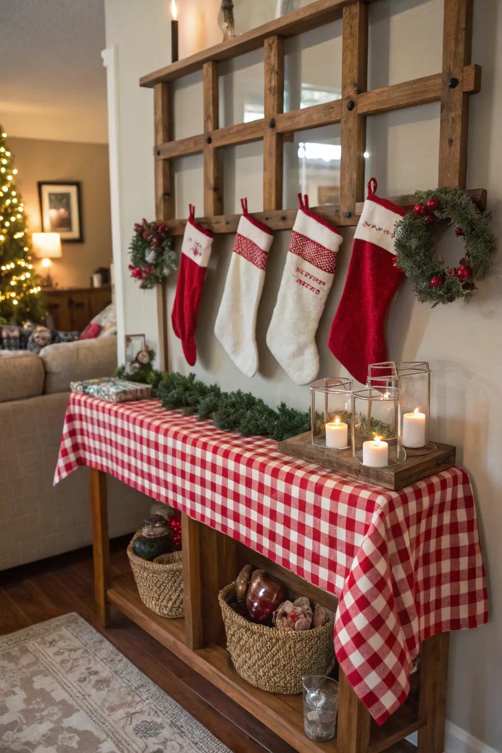 Entryway consoles make for inviting stocking displays.