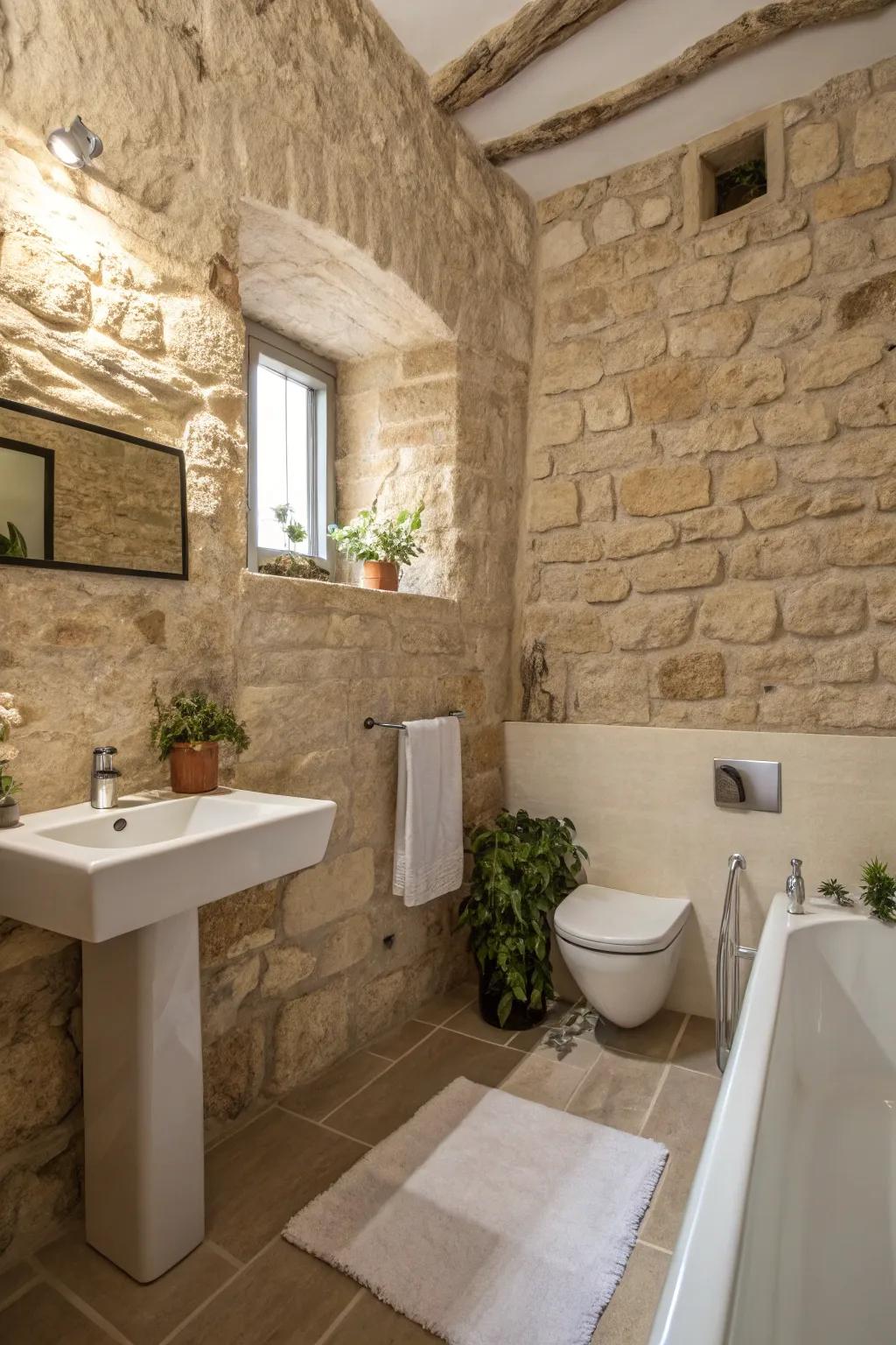 A minimalist bathroom with stone walls and simple décor, showcasing natural beauty.