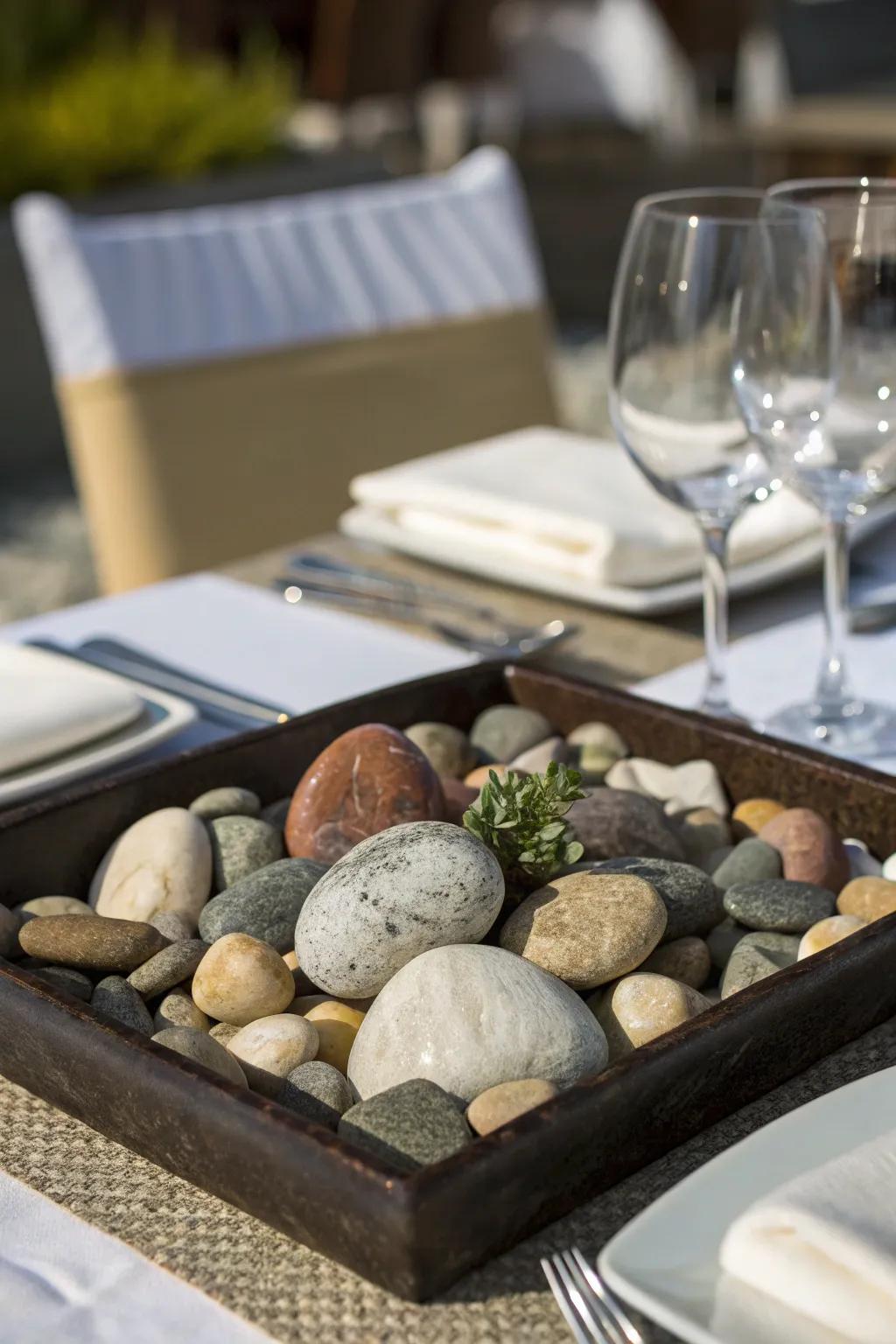 A stunning stone centerpiece incorporating organic elegance.