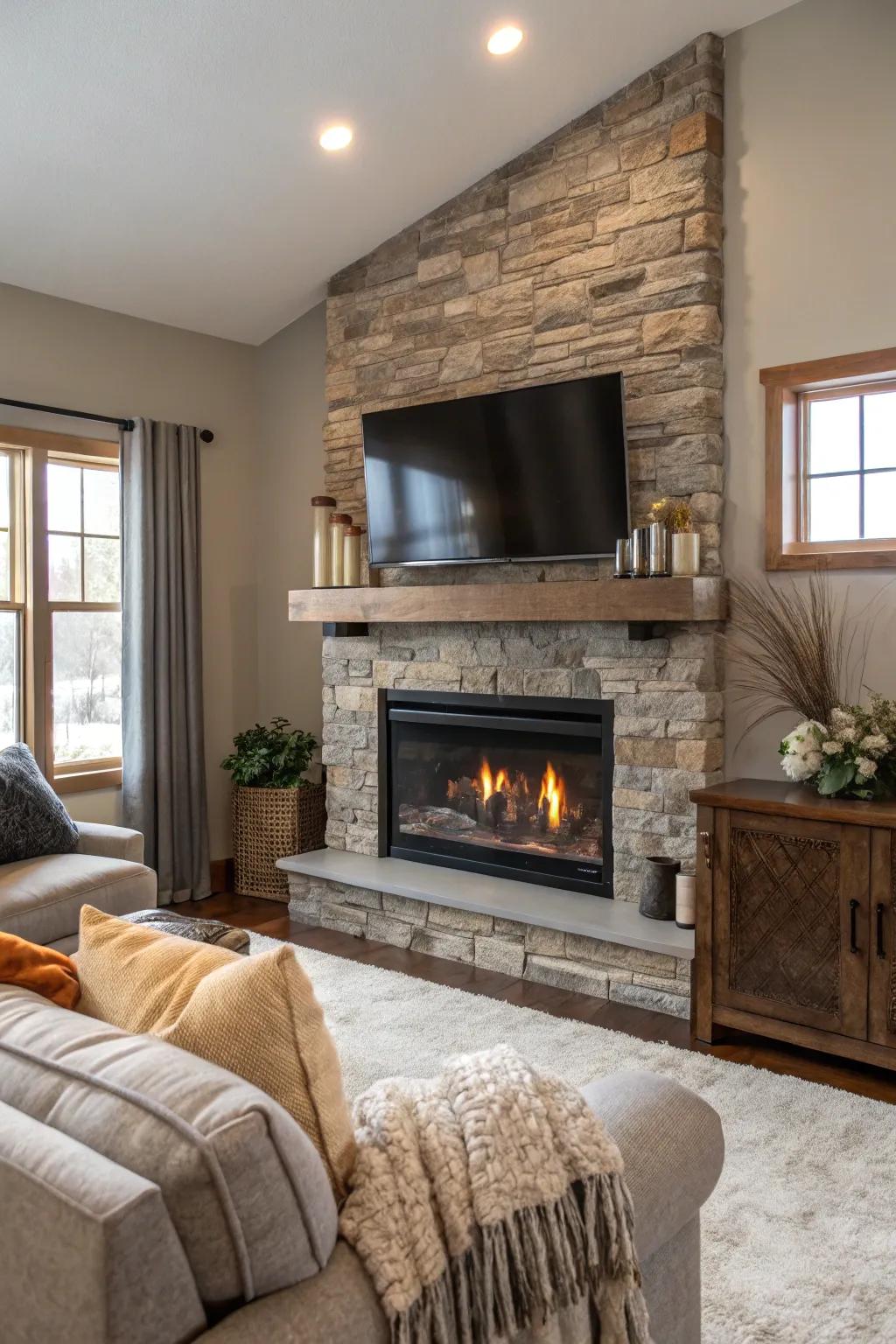 Accomplish a streamlined, contemporary aesthetic via a drifting display atop your refined stone hearth.