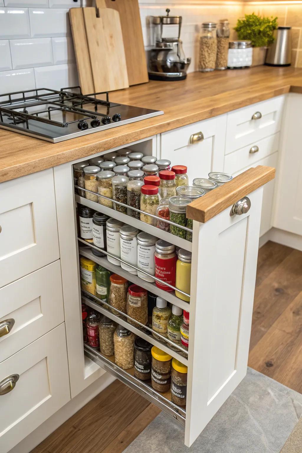 Keep your spices orderly with a concealed slide-out rack.