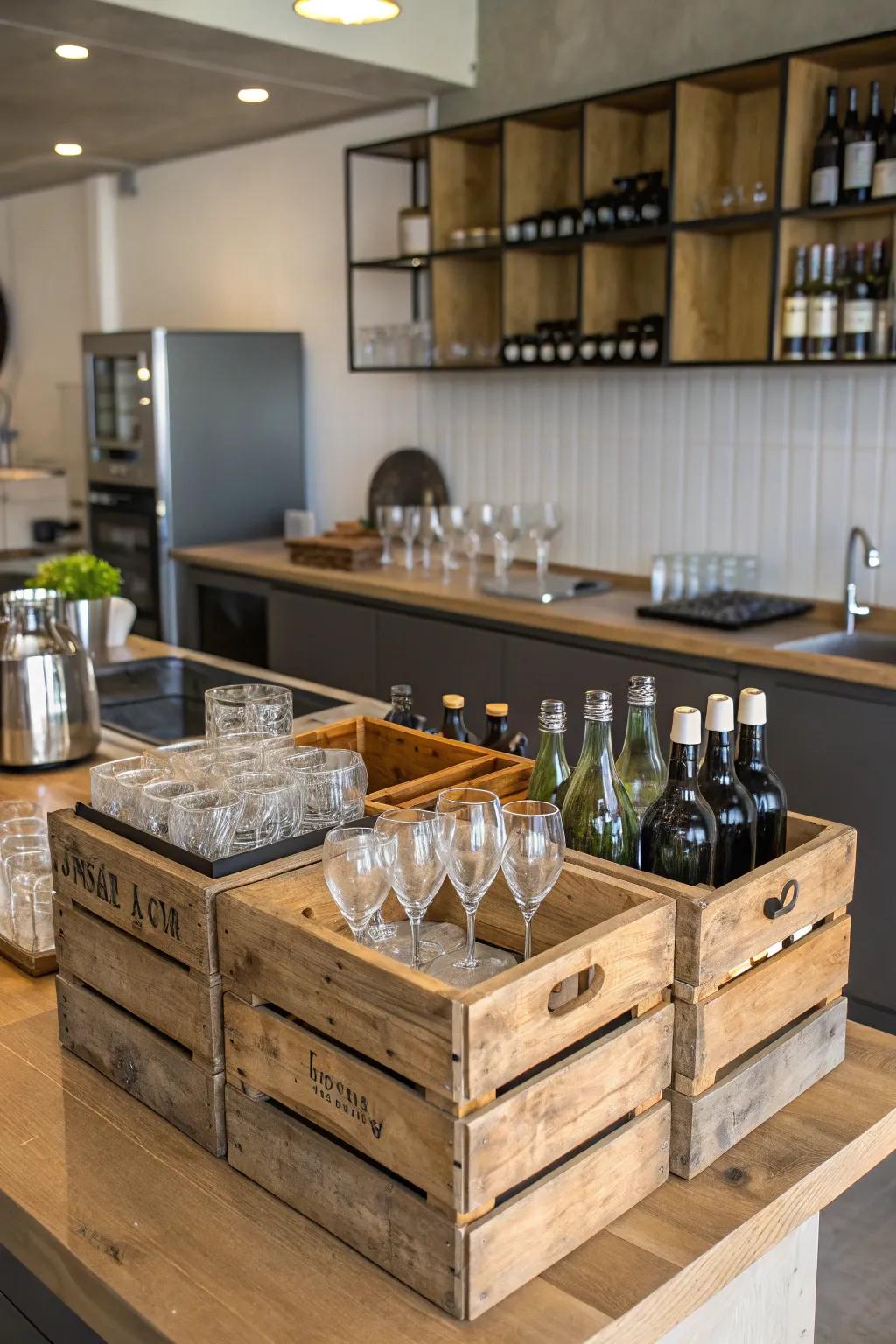 Vintage crates add a rustic charm to glass storage.